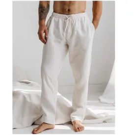 Mens Linen Pants  Relaxed Fit  Drawstring Waist  Full Length  Side Pockets