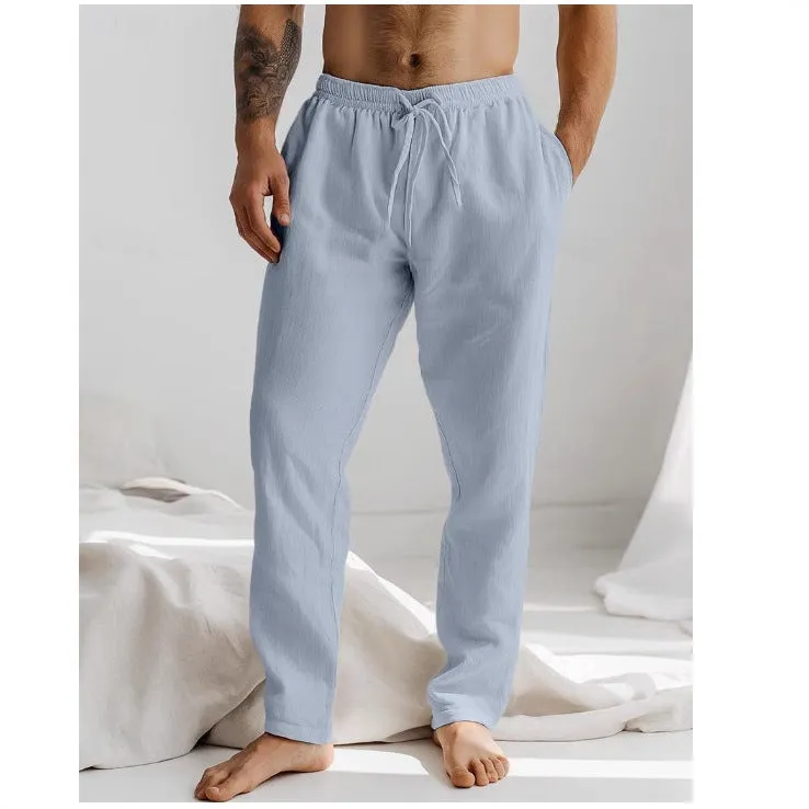 Mens Linen Pants  Relaxed Fit  Drawstring Waist  Full Length  Side Pockets