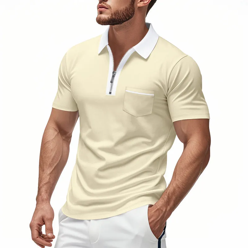 Mens Polo Shirt  Slim Fit  Zipper Placket  Cotton Blend  Chest Pocket Casual Wear