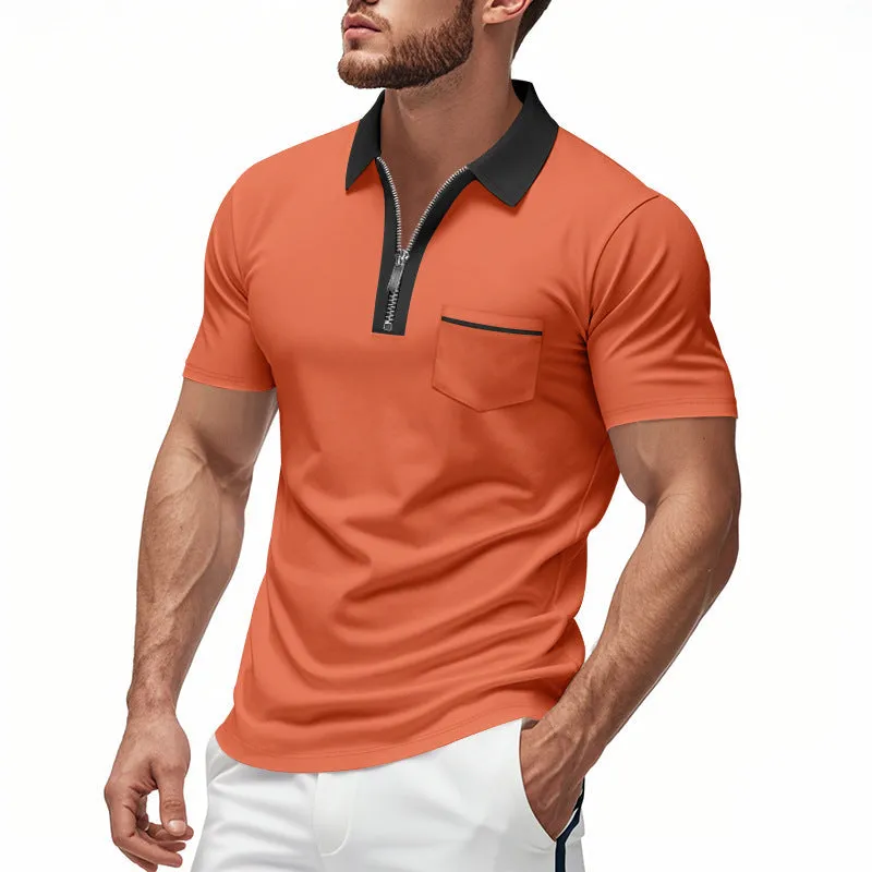 Mens Polo Shirt  Slim Fit  Zipper Placket  Cotton Blend  Chest Pocket Casual Wear