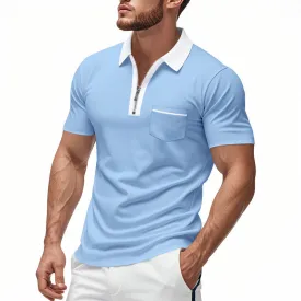 Mens Polo Shirt  Slim Fit  Zipper Placket  Cotton Blend  Chest Pocket Casual Wear