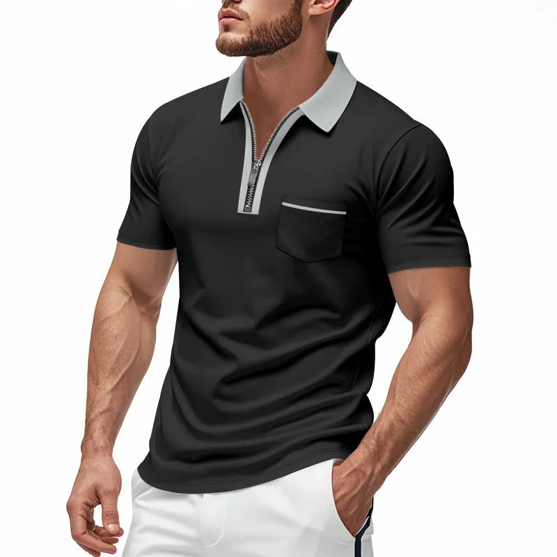 Mens Polo Shirt  Slim Fit  Zipper Placket  Cotton Blend  Chest Pocket Casual Wear