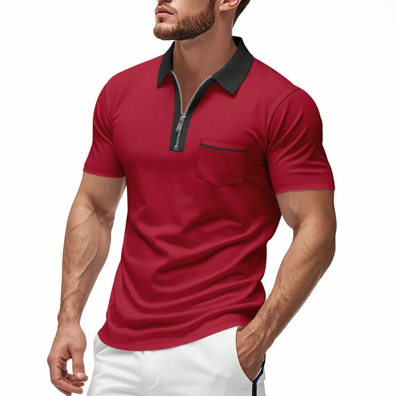 Mens Polo Shirt  Slim Fit  Zipper Placket  Cotton Blend  Chest Pocket Casual Wear