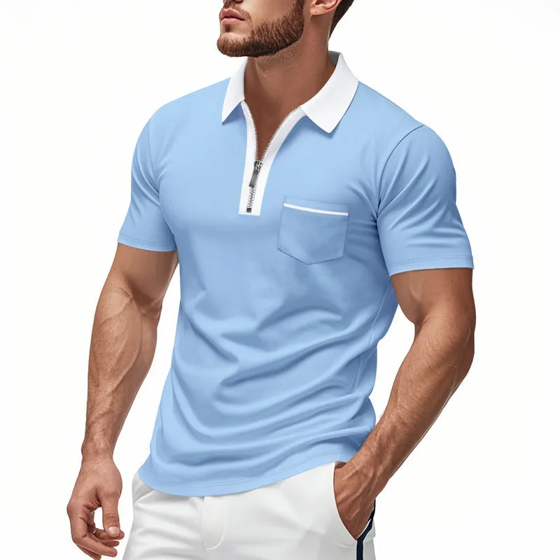 Mens Polo Shirt  Slim Fit  Zipper Placket  Cotton Blend  Chest Pocket Casual Wear