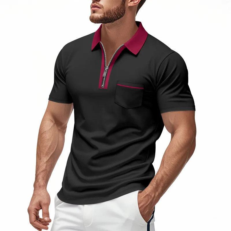 Mens Polo Shirt  Slim Fit  Zipper Placket  Cotton Blend  Chest Pocket Casual Wear