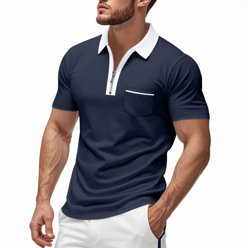 Mens Polo Shirt  Slim Fit  Zipper Placket  Cotton Blend  Chest Pocket Casual Wear