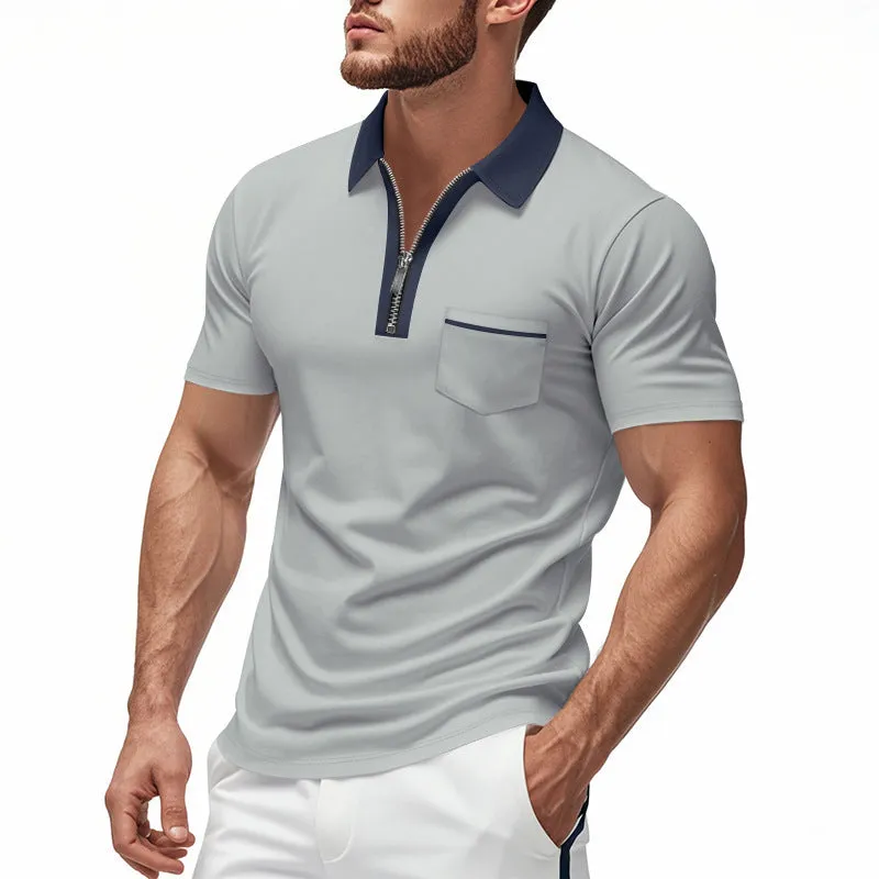 Mens Polo Shirt  Slim Fit  Zipper Placket  Cotton Blend  Chest Pocket Casual Wear