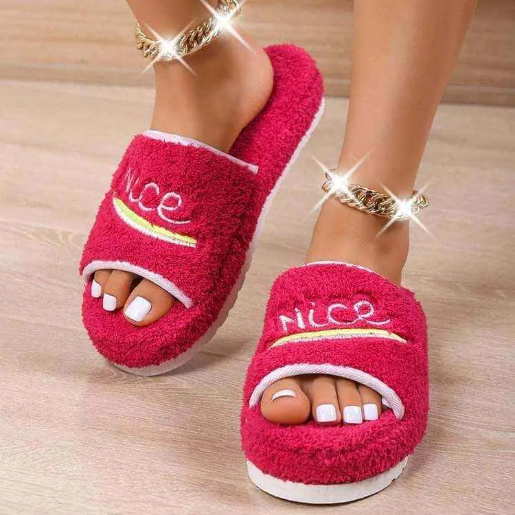 Peep Toe House Slippers For Women Winter Furry Shoes
