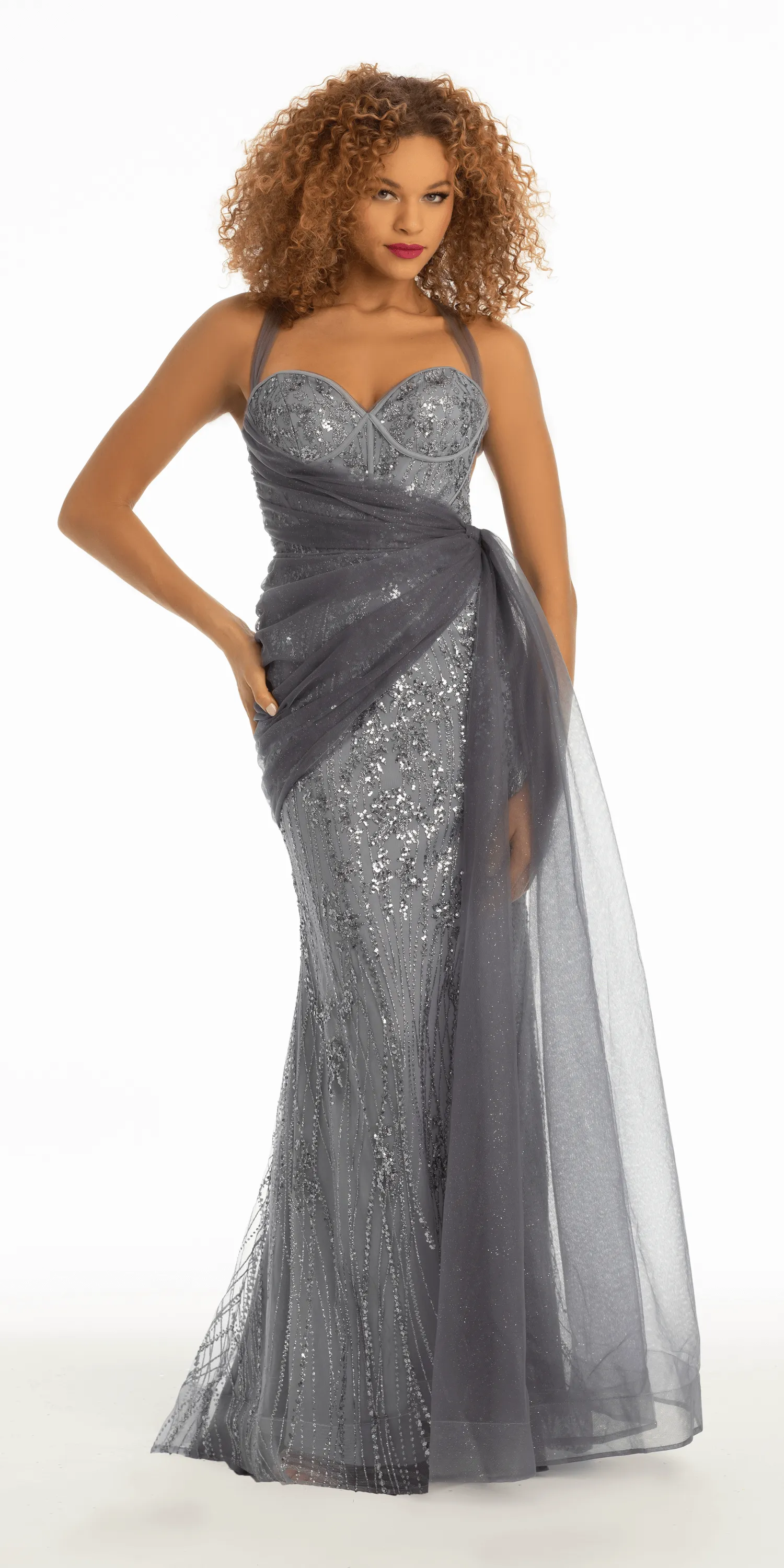 Strappy Back Sequin Glitter Mesh Trumpet Dress with Chiffon Sash