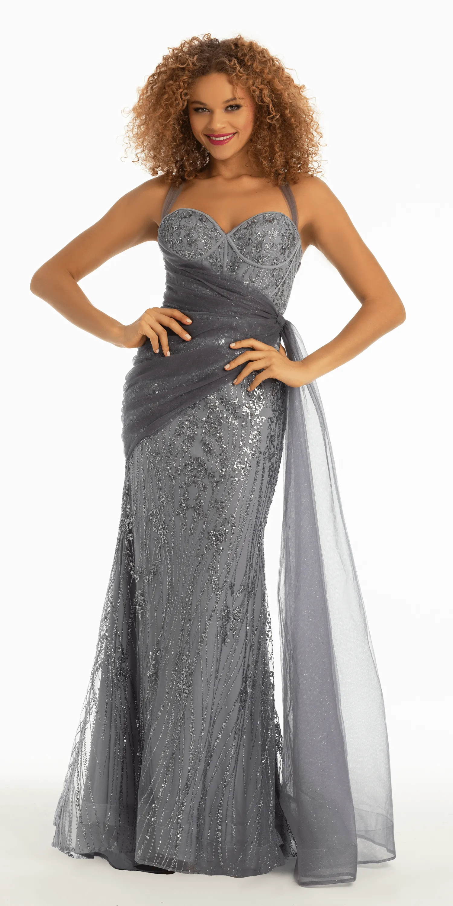 Strappy Back Sequin Glitter Mesh Trumpet Dress with Chiffon Sash
