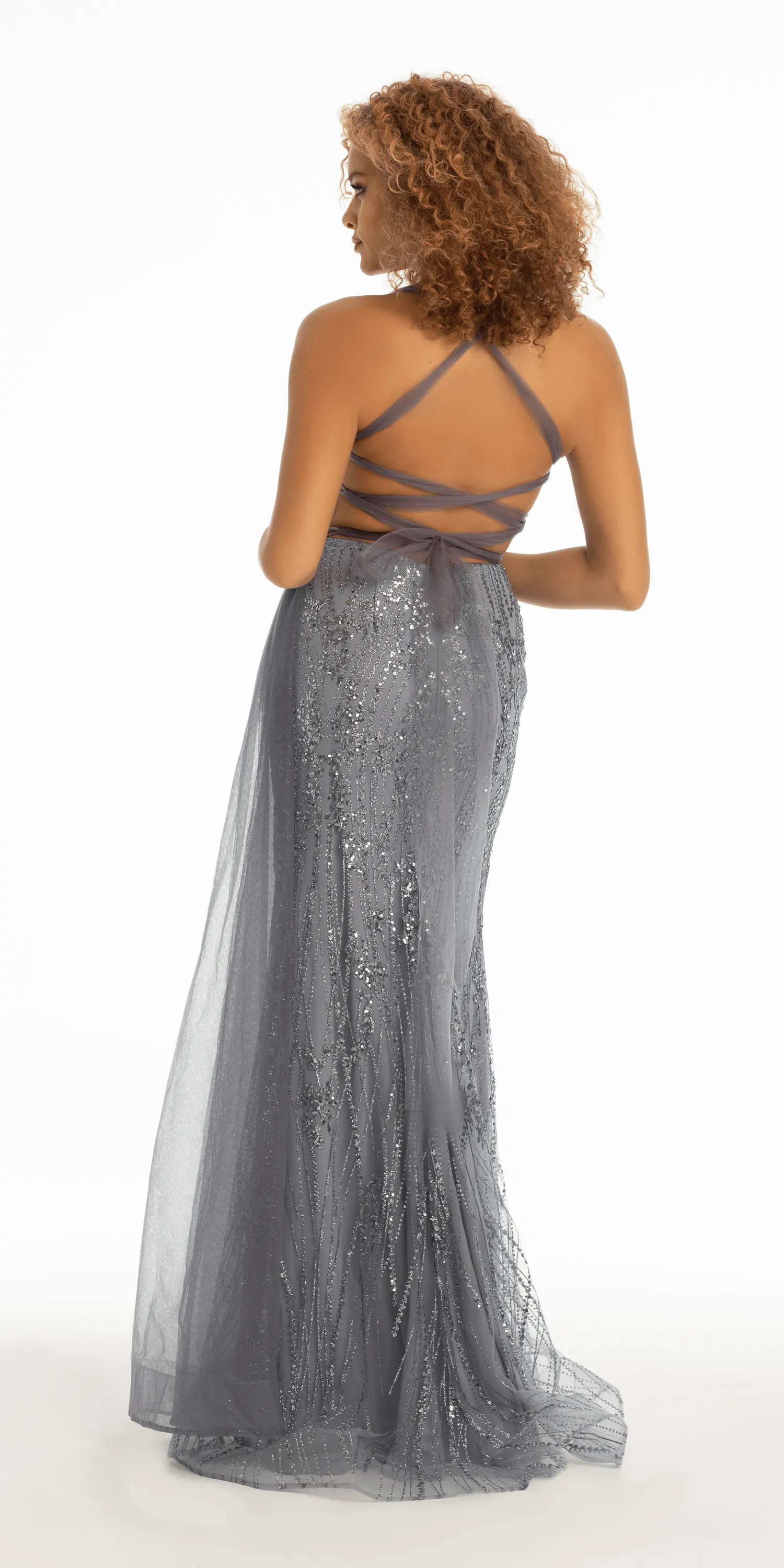 Strappy Back Sequin Glitter Mesh Trumpet Dress with Chiffon Sash