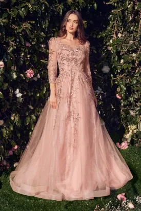 THREE QUARTER SLEEVE LACE & TULLE BALL GOWN CDA1352