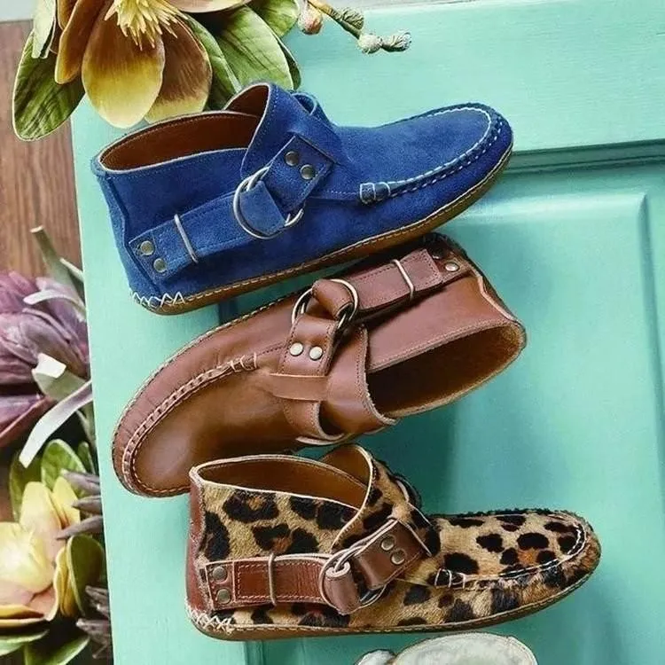 Women Ankle Boots Vintage Sewing Rivets Metal Buckle Ladies Leopard Women Retro Casual Soft Flock Female Plus Size Flat Shoes