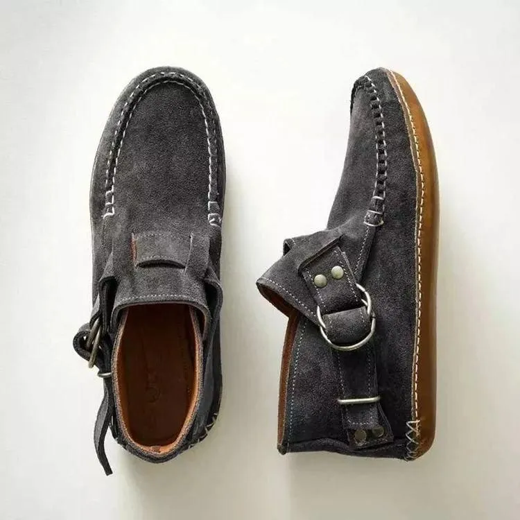 Women Ankle Boots Vintage Sewing Rivets Metal Buckle Ladies Leopard Women Retro Casual Soft Flock Female Plus Size Flat Shoes