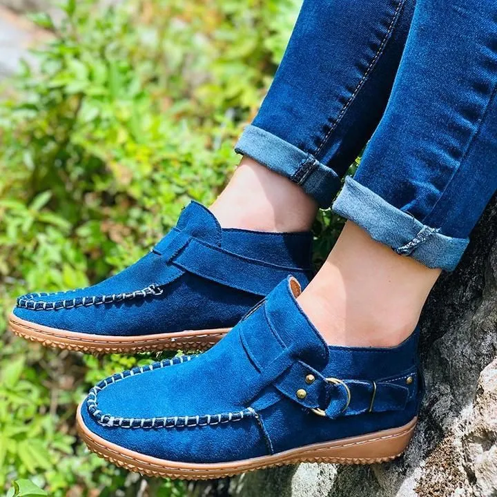 Women Ankle Boots Vintage Sewing Rivets Metal Buckle Ladies Leopard Women Retro Casual Soft Flock Female Plus Size Flat Shoes
