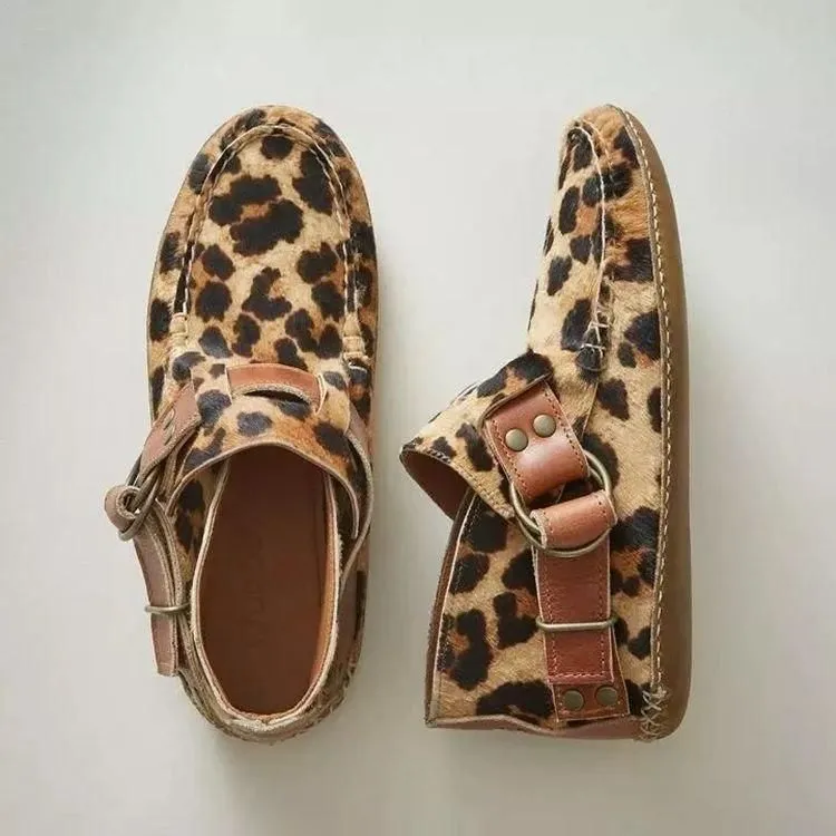 Women Ankle Boots Vintage Sewing Rivets Metal Buckle Ladies Leopard Women Retro Casual Soft Flock Female Plus Size Flat Shoes