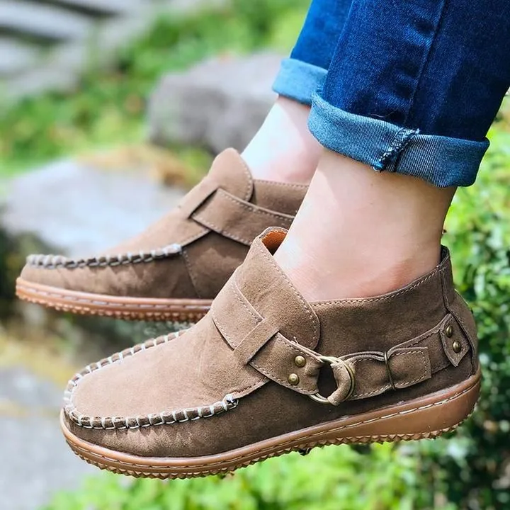 Women Ankle Boots Vintage Sewing Rivets Metal Buckle Ladies Leopard Women Retro Casual Soft Flock Female Plus Size Flat Shoes