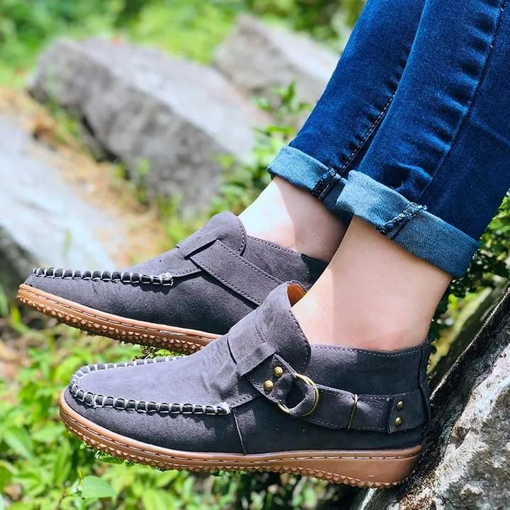 Women Ankle Boots Vintage Sewing Rivets Metal Buckle Ladies Leopard Women Retro Casual Soft Flock Female Plus Size Flat Shoes