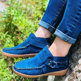 Women Ankle Boots Vintage Sewing Rivets Metal Buckle Ladies Leopard Women Retro Casual Soft Flock Female Plus Size Flat Shoes