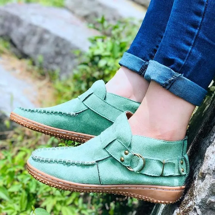 Women Ankle Boots Vintage Sewing Rivets Metal Buckle Ladies Leopard Women Retro Casual Soft Flock Female Plus Size Flat Shoes