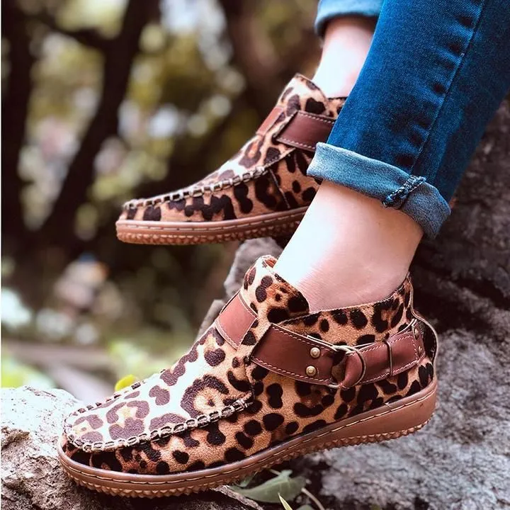 Women Ankle Boots Vintage Sewing Rivets Metal Buckle Ladies Leopard Women Retro Casual Soft Flock Female Plus Size Flat Shoes