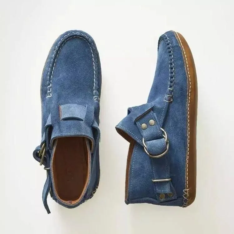 Women Ankle Boots Vintage Sewing Rivets Metal Buckle Ladies Leopard Women Retro Casual Soft Flock Female Plus Size Flat Shoes
