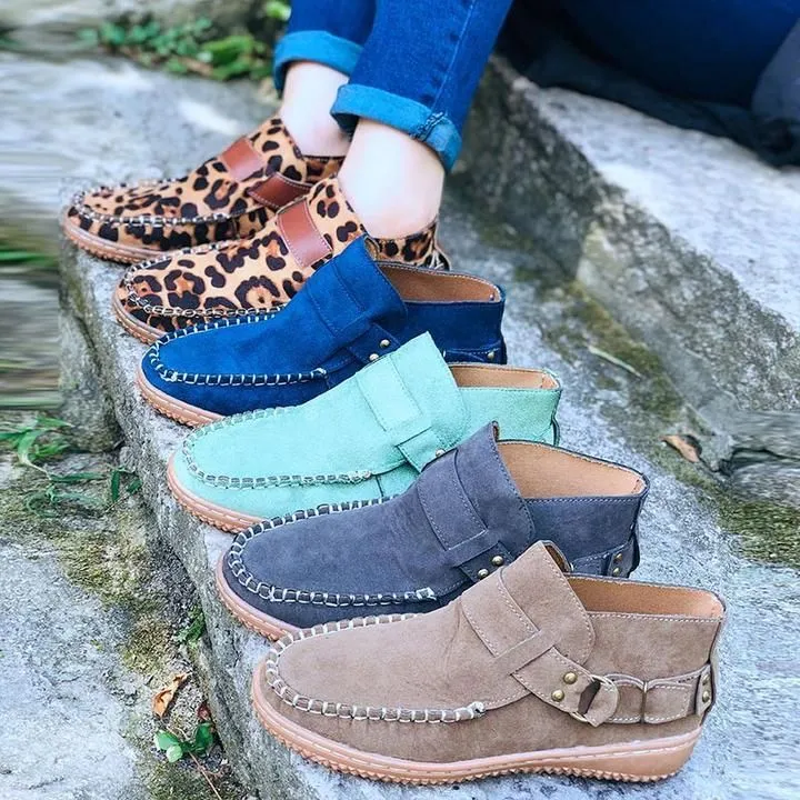 Women Ankle Boots Vintage Sewing Rivets Metal Buckle Ladies Leopard Women Retro Casual Soft Flock Female Plus Size Flat Shoes