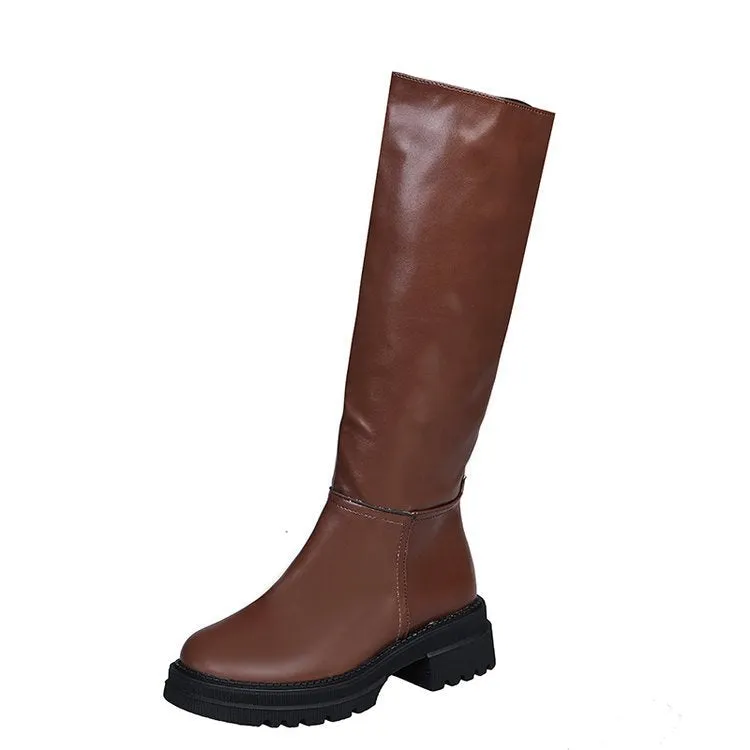 Women fashion chunky platform round toe slip on knee high boots