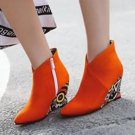 Women fashion v cut pointed toe side zipper ankle wedge boots