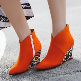 Women fashion v cut pointed toe side zipper ankle wedge boots